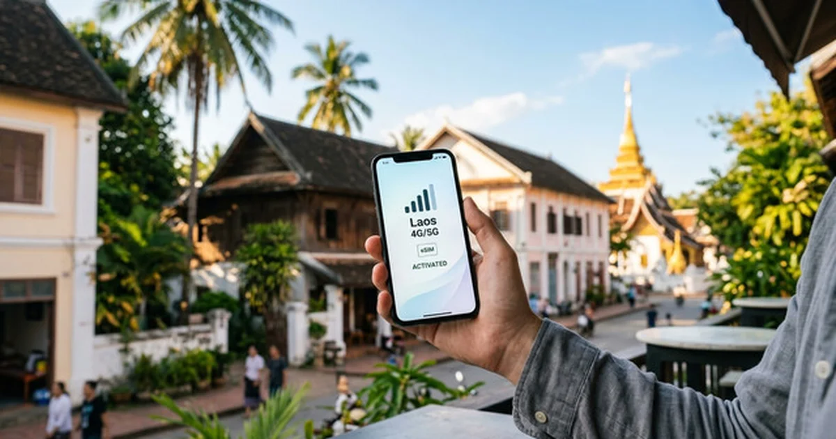 A traveler's hand holding a phone showing a Laos 4G/5G eSIM activated, overlooking a street in Luang Prabang with temple architecture and palm trees
