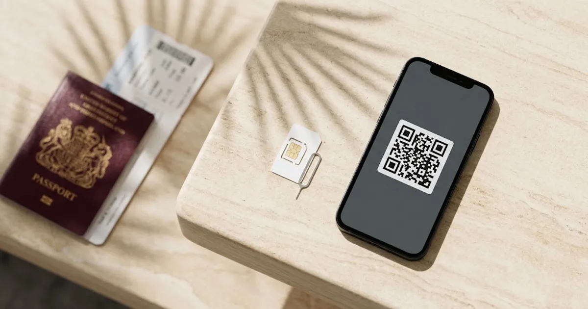 A SIM card with ejector pin beside a phone showing a QR code, a passport and a boarding pass on a stone table