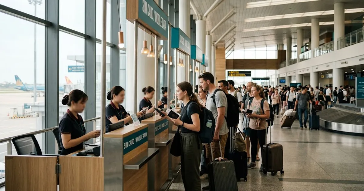 Travellers queuing at SIM card counters in the arrivals hall of a Vietnam airport