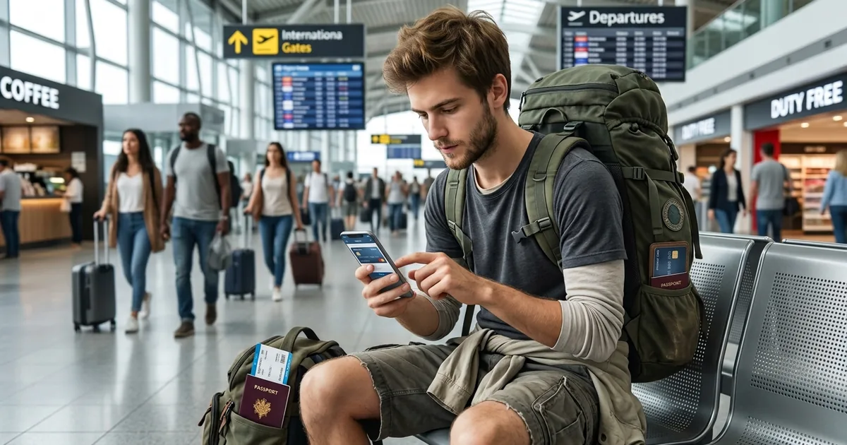 Traveler checking an eSIM QR code on a phone before arriving in Laos