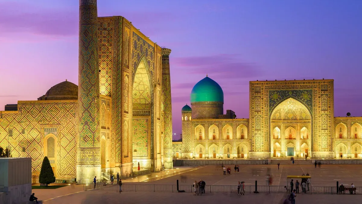 The blue-tiled madrasas of the Registan in Samarkand, Uzbekistan