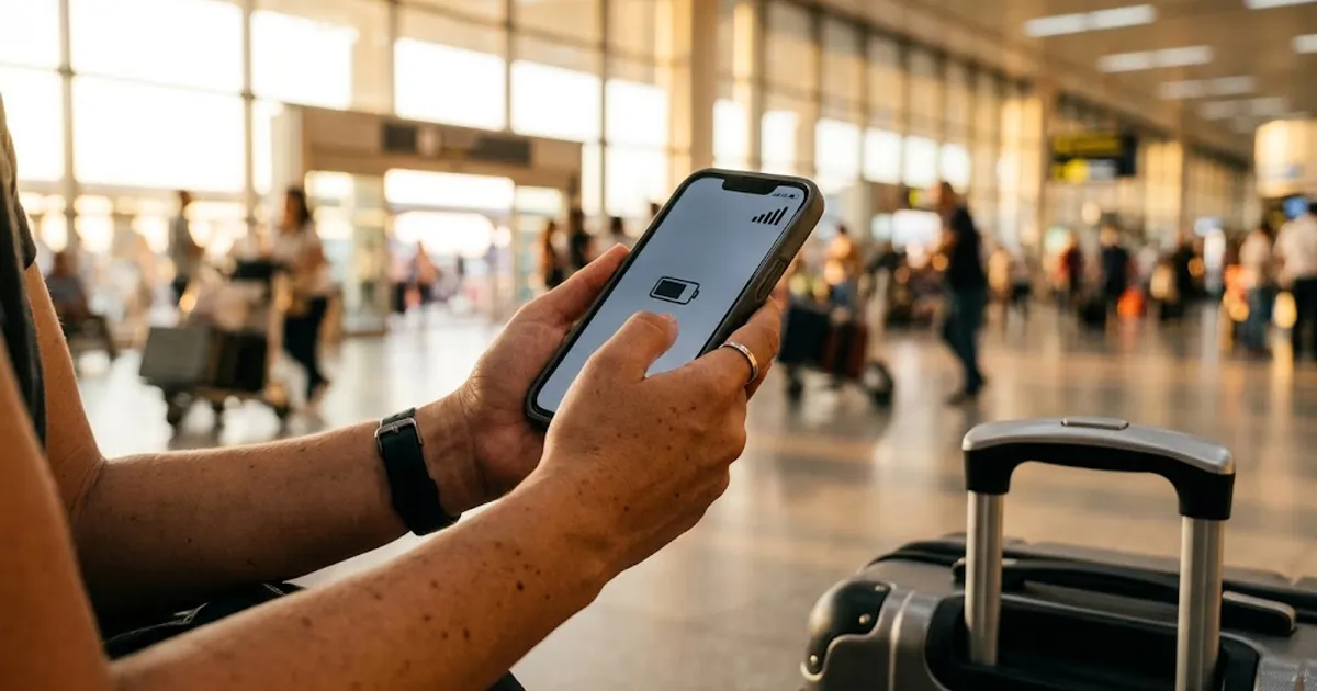 Traveller checking their phone signal in a busy airport arrivals hall next to a suitcase