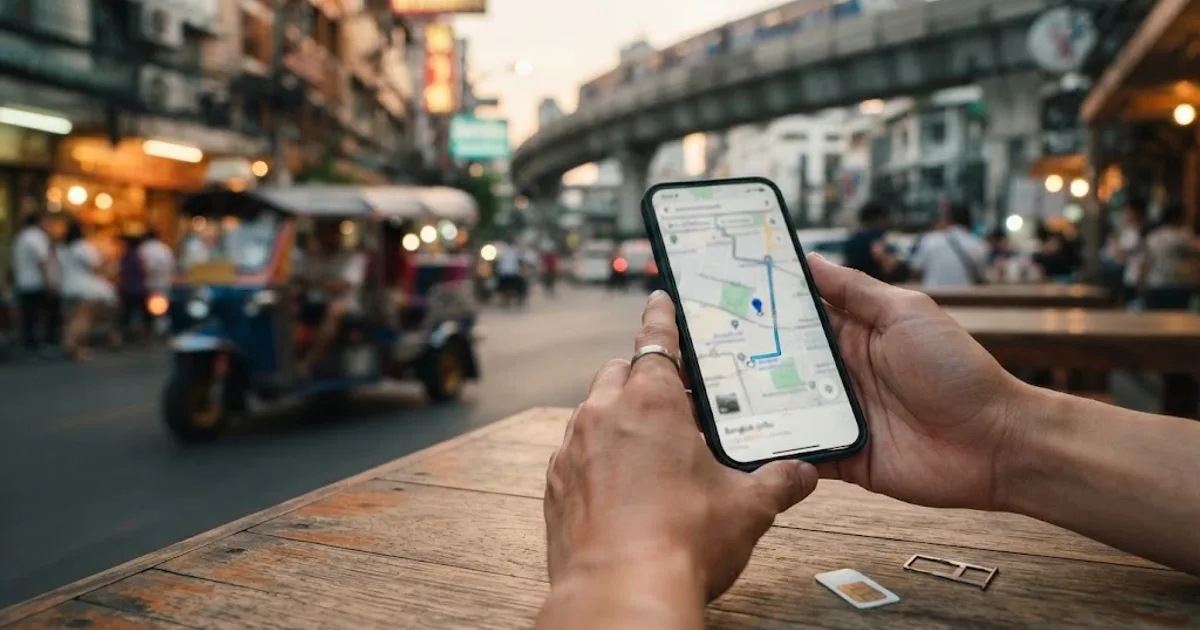 Traveller holding a phone with a map in a Bangkok street at dusk, a SIM card and tray on the table beside it
