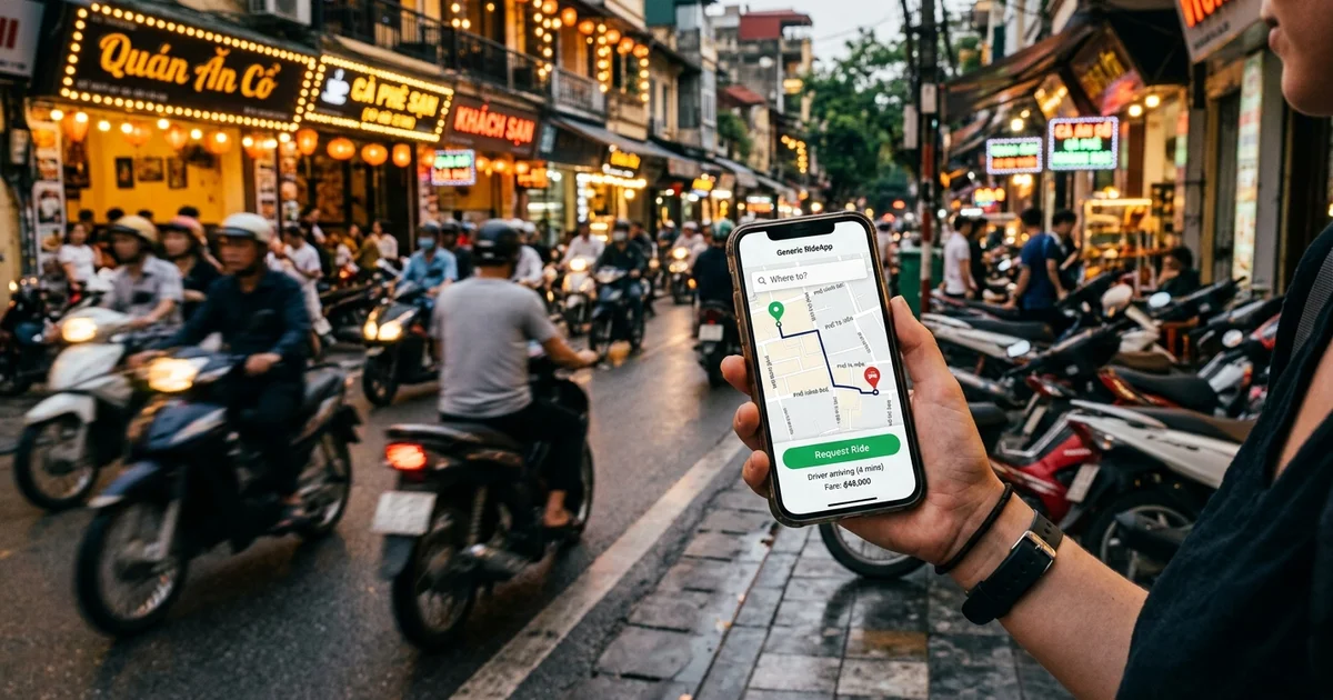 Illustration générée par IA : main tenant une carte sur téléphone au-dessus de la circulation de motos dans une rue vietnamienne